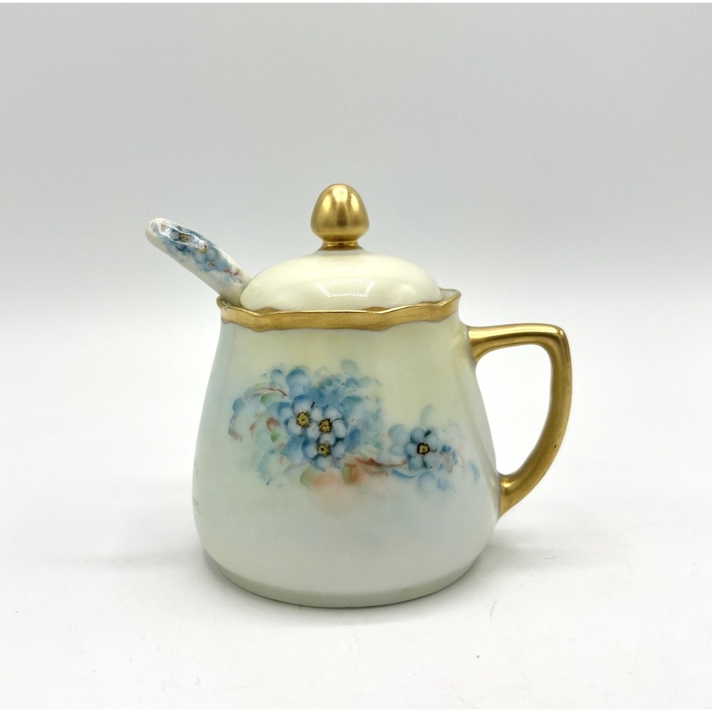 Antique Silesia Porcelain Sugar Bowl Lid Spoon Blue Flowers Art Deco Period